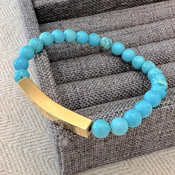 Boutique Jewelry - Natural Turquoise Beaded 18k PVD Stainless Steel Bar Stretch Bracelet Waterproof